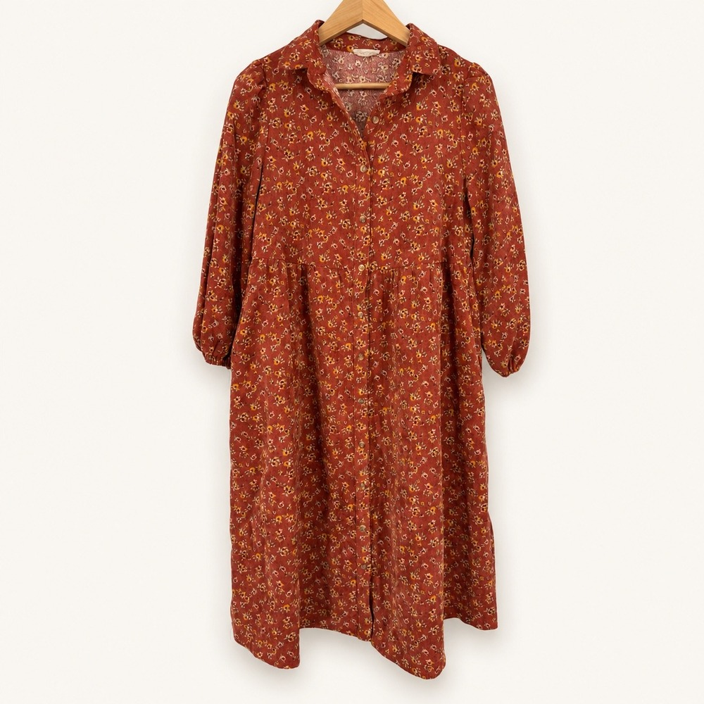 Roolee Small Corduroy Dress Ditzy Floral Button Front Midi Long Sleeve Rust Boho